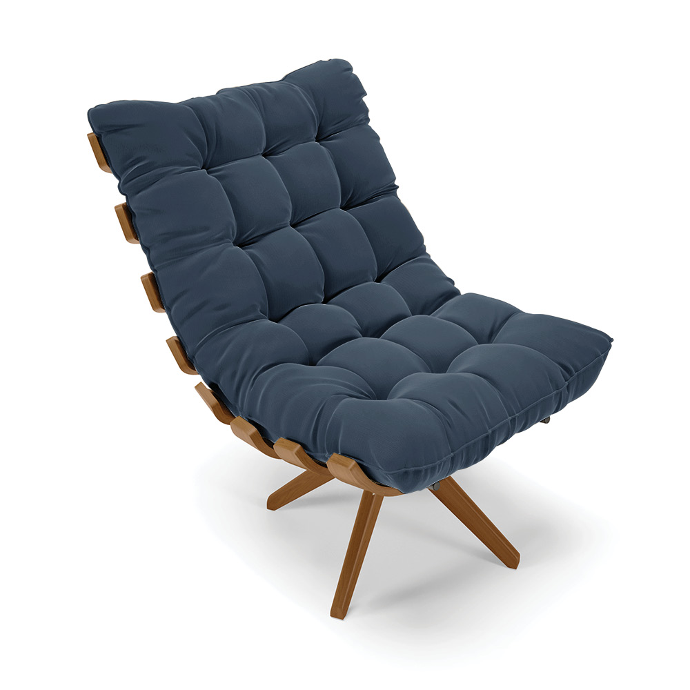 Poltrona Giratória Costela Suede Azul Marinho Base Madeira MA25 - D'Rossi