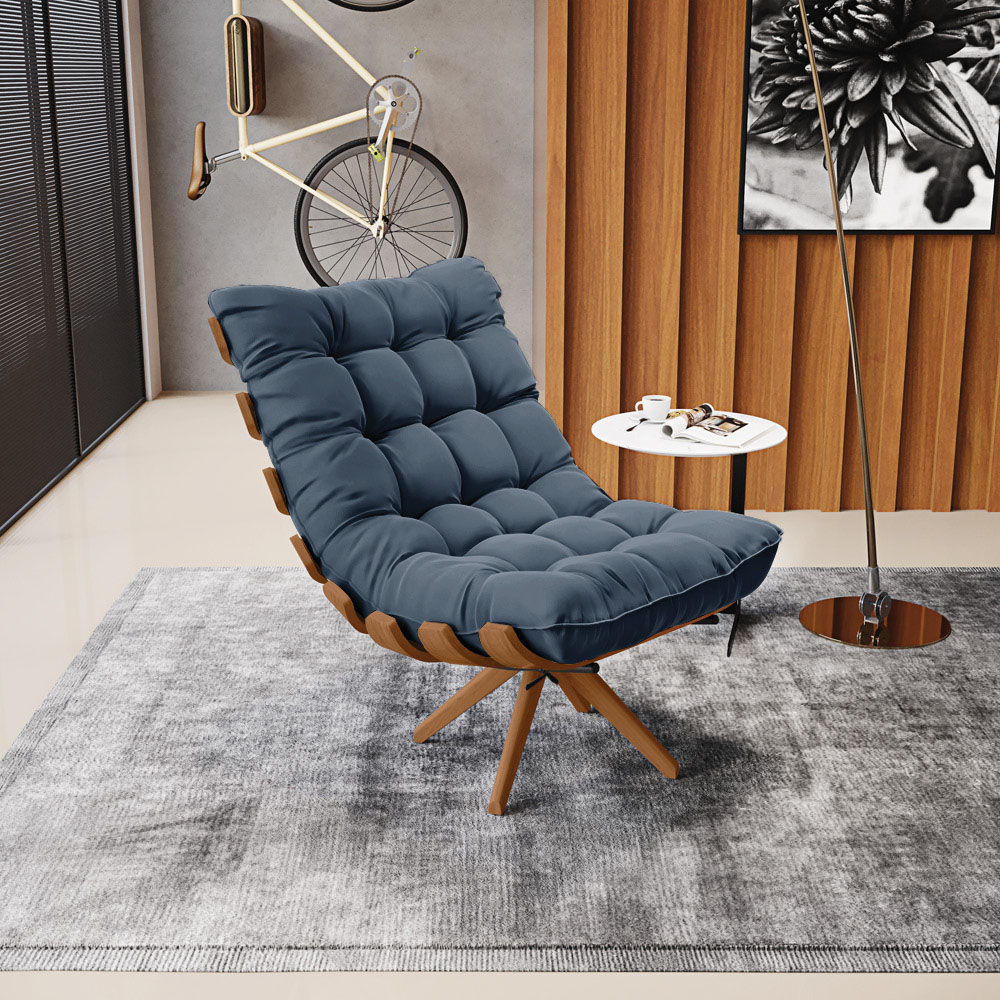 Poltrona Giratória Costela Suede Azul Marinho Base Madeira MA25 - D'Rossi