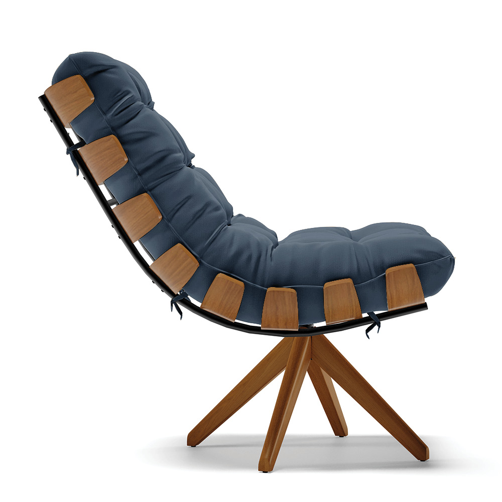 Poltrona Giratória Costela Suede Azul Marinho Base Madeira MA25 - D'Rossi