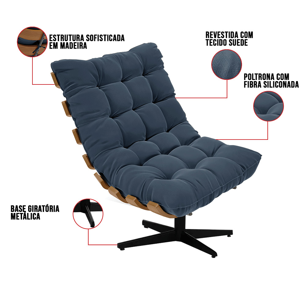 Poltrona Giratória Costela Suede Azul Marinho Base Metálica Preto - D'Rossi