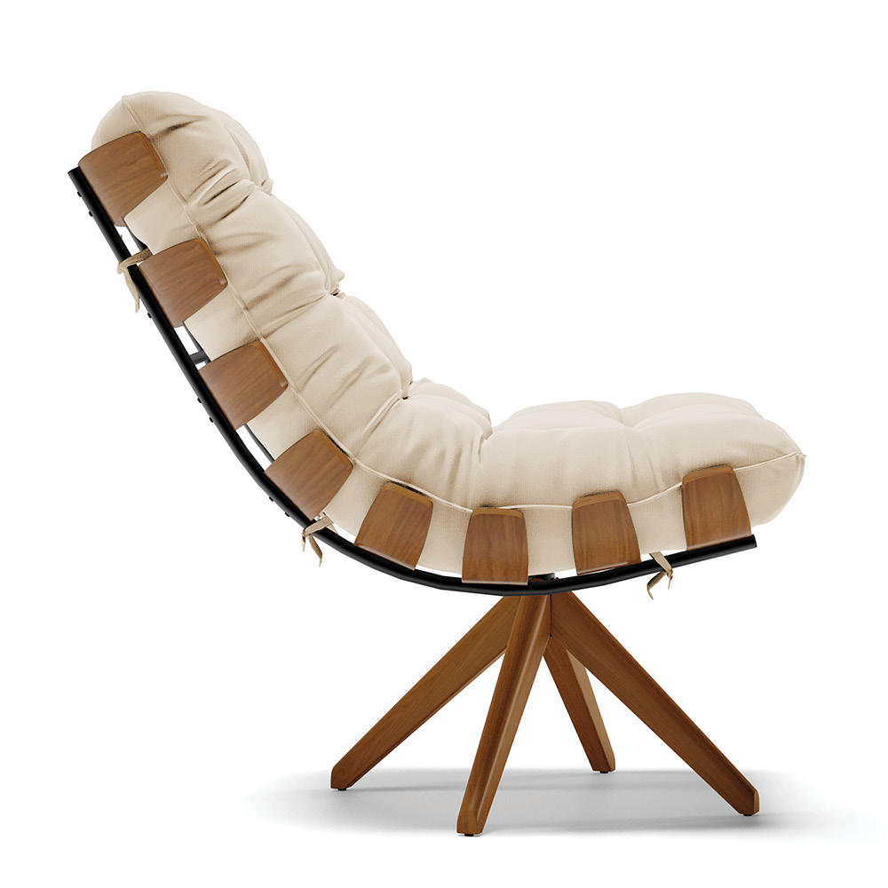 Poltrona Giratória Costela Suede Bege Base Madeira MA25 - D'Rossi