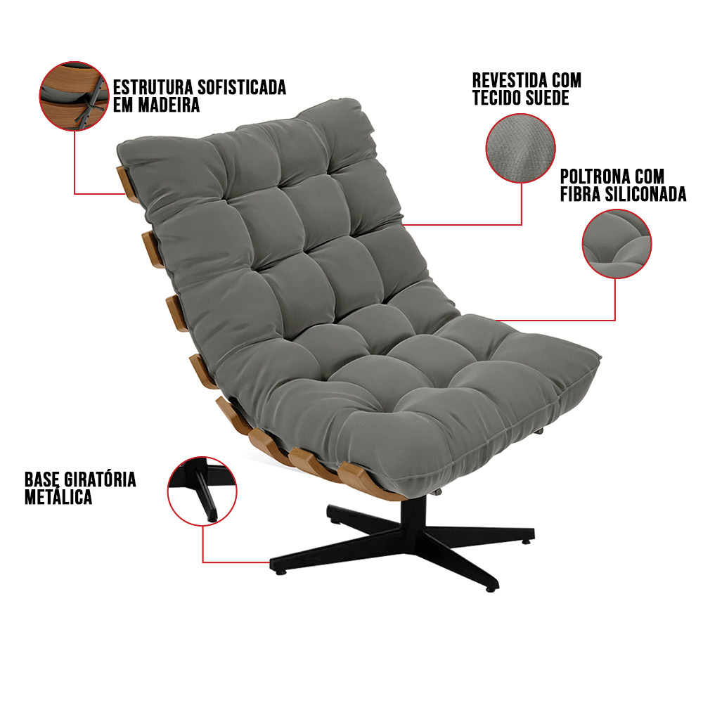 Poltrona Giratória Costela Suede Grafite Base Metálica Preto - D'Rossi