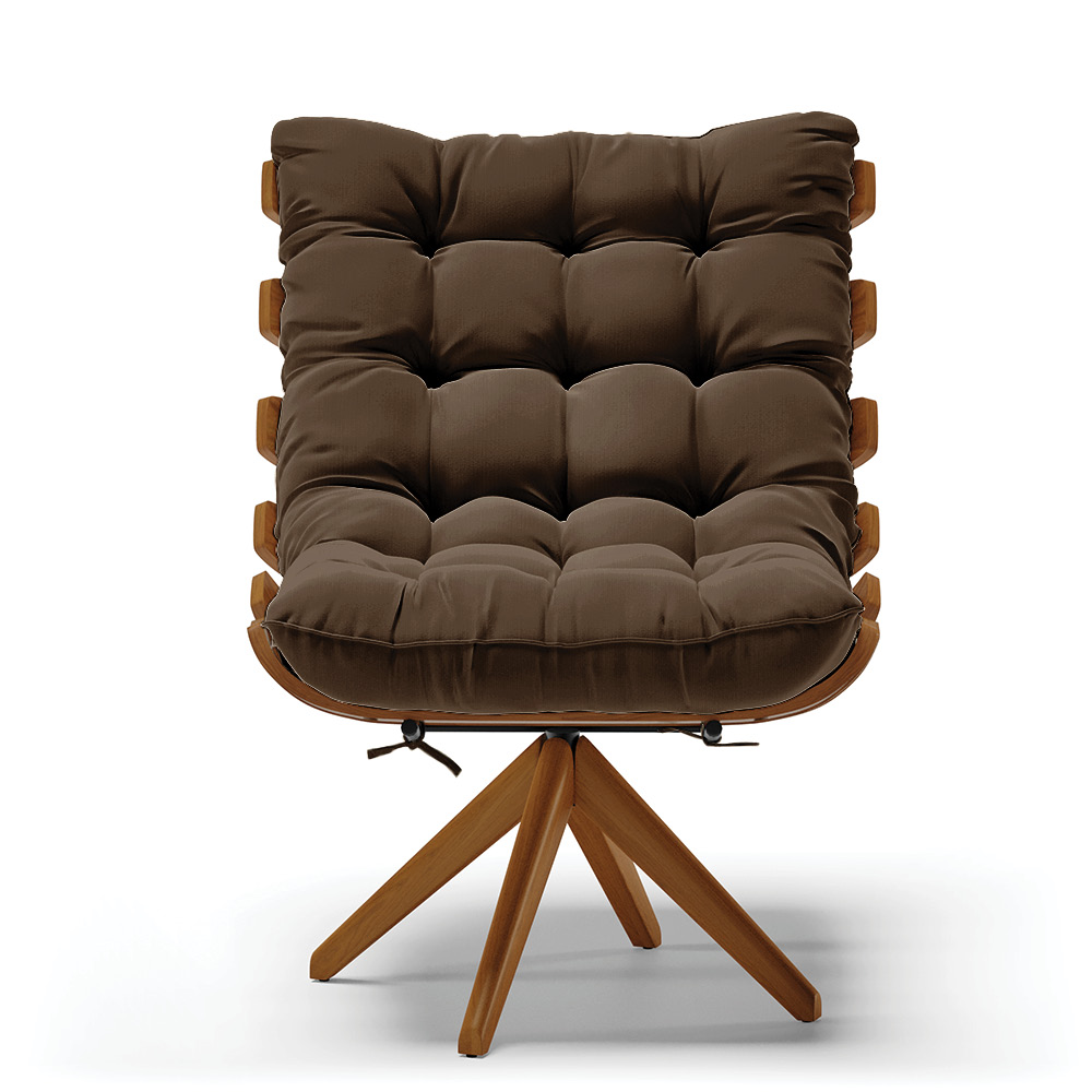 Poltrona Giratória Costela Suede Marrom Base Madeira MA25 - D'Rossi