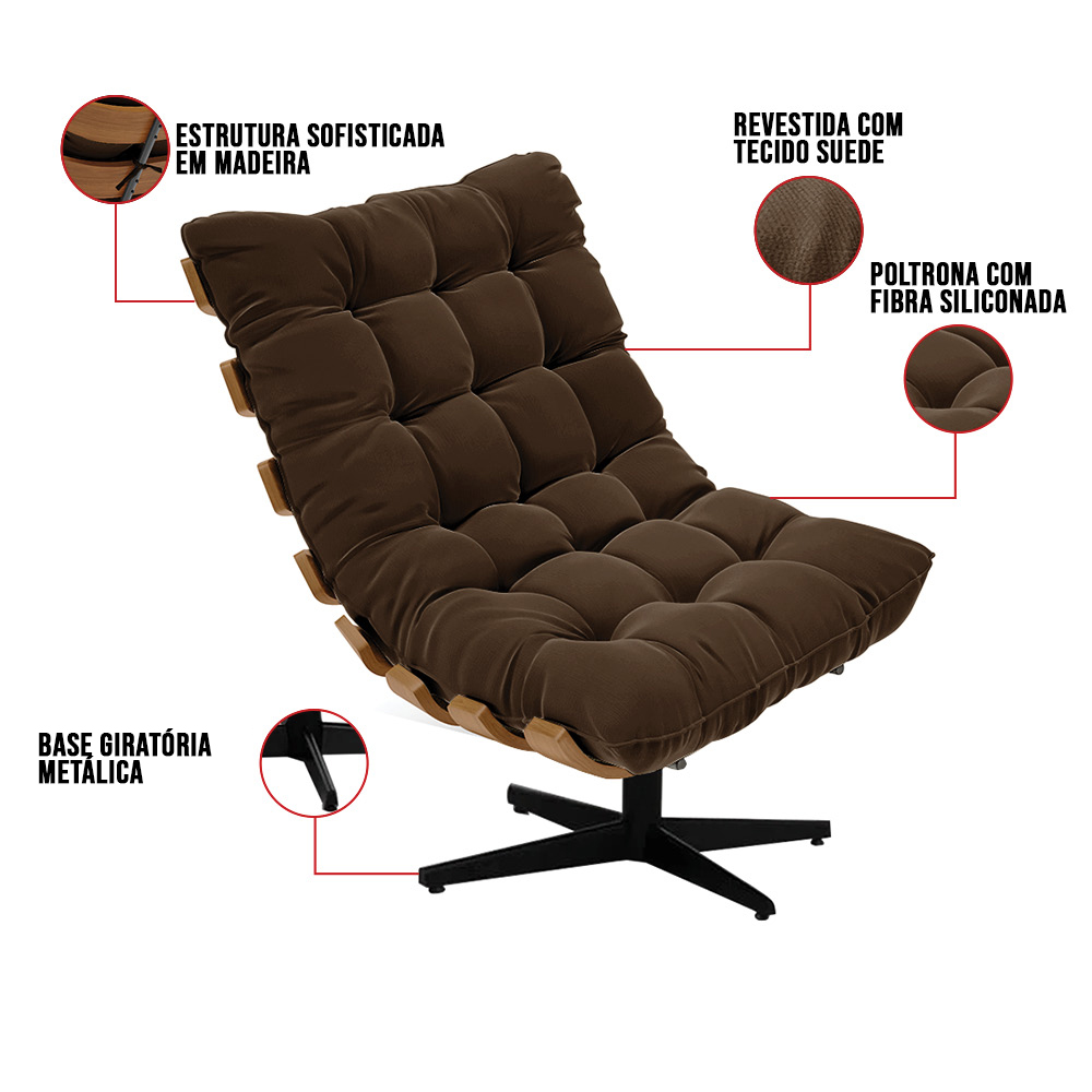 Poltrona Giratória Costela Suede Marrom Base Metálica Preto - D'Rossi
