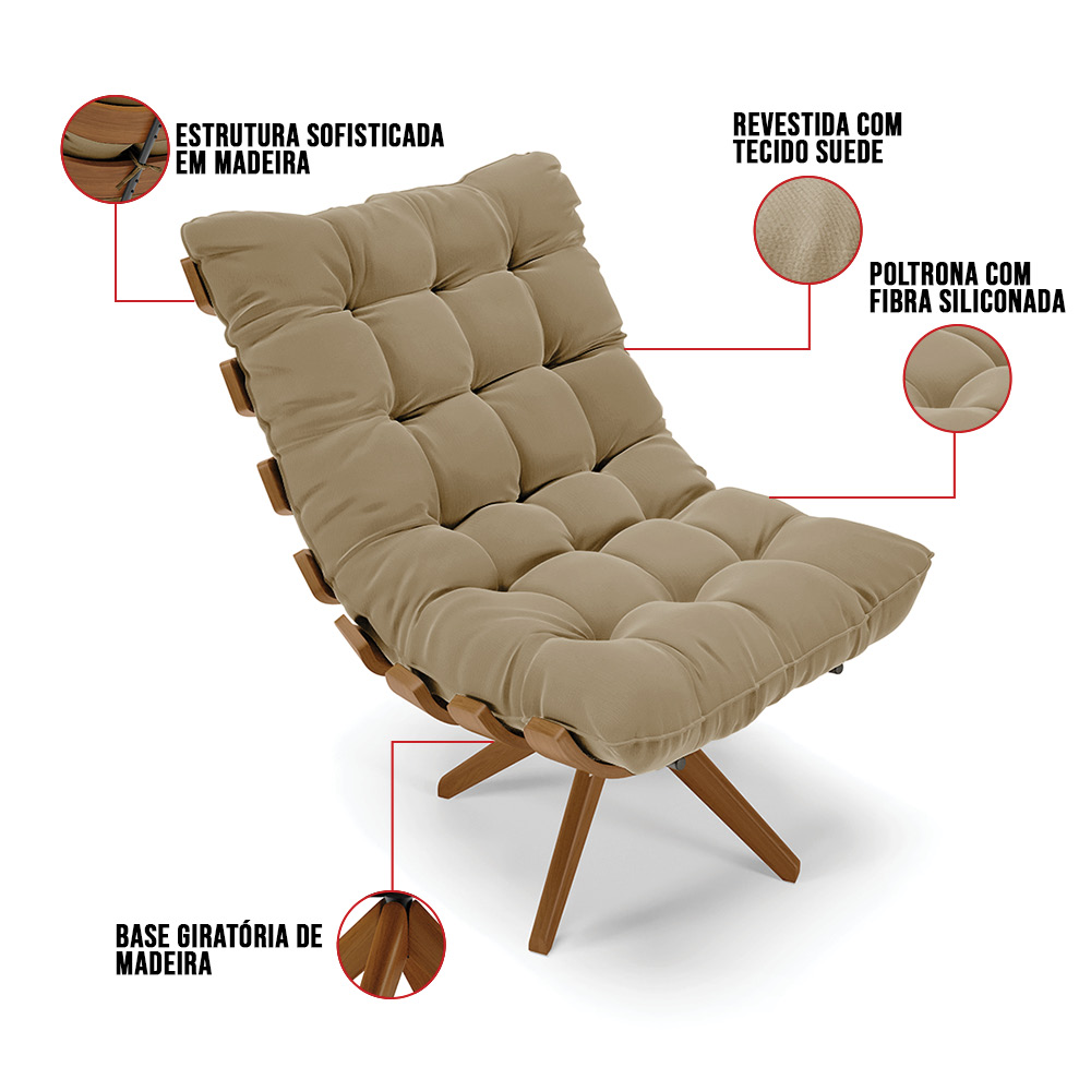 Poltrona Giratória Costela Suede Marrom Rato Base Madeira MA25 - D'Rossi