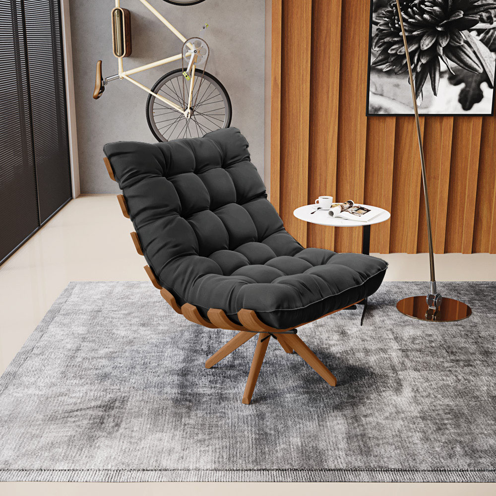 Poltrona Giratória Costela Suede Preto Base Madeira MA25 - D'Rossi
