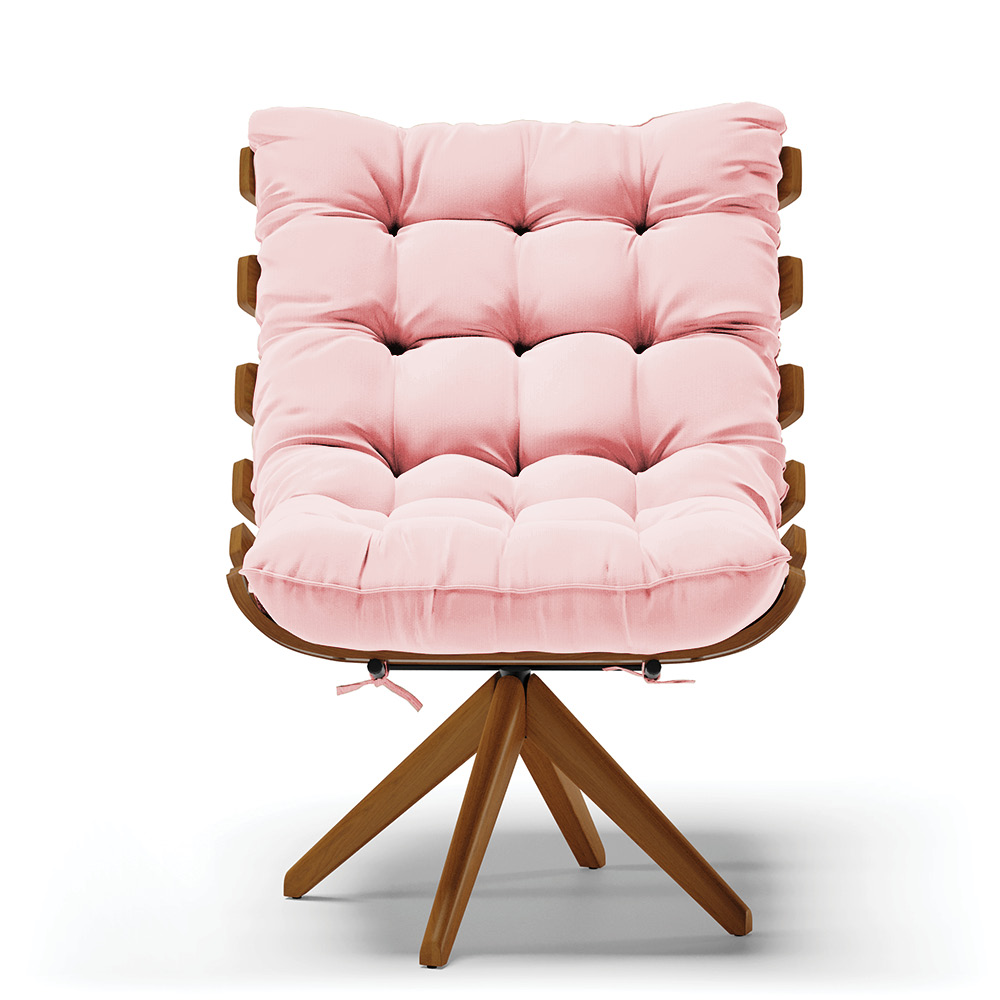 Poltrona Giratória Costela Suede Rosa bebê Base Madeira MA25 - D'Rossi