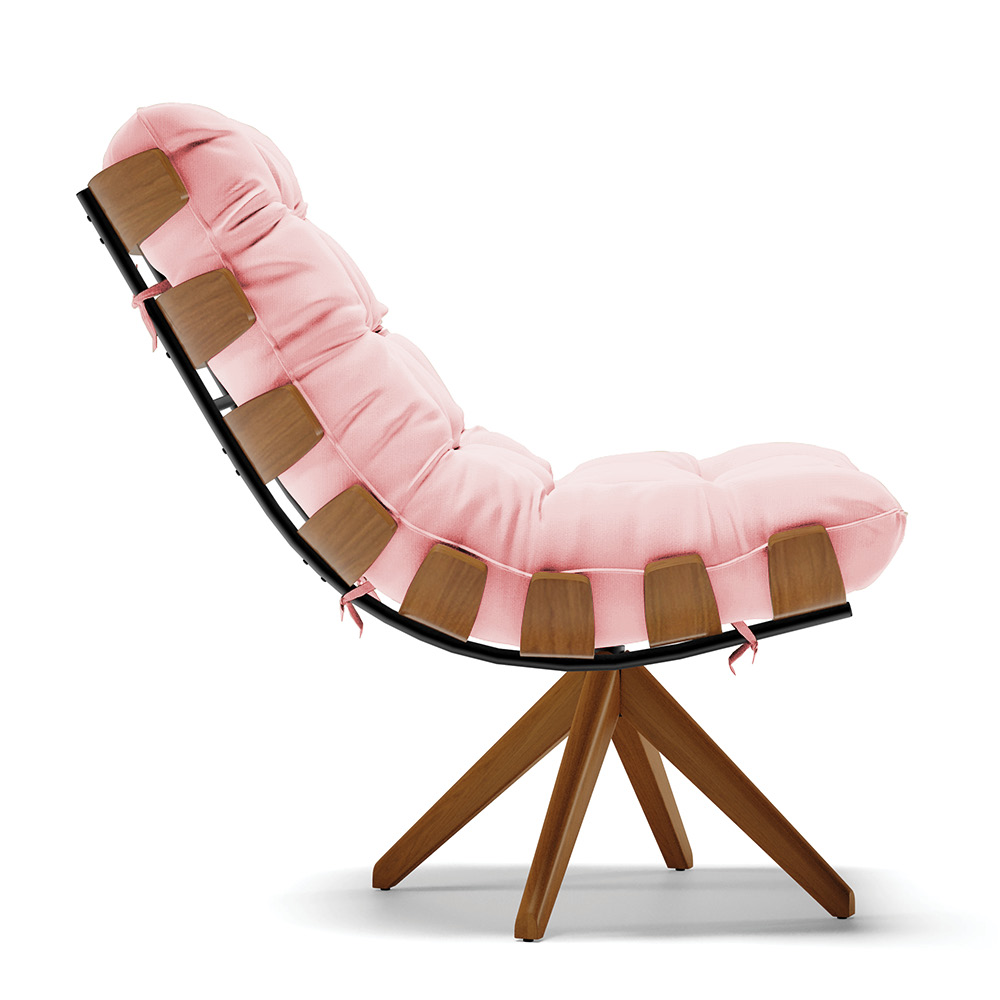 Poltrona Giratória Costela Suede Rosa bebê Base Madeira MA25 - D'Rossi
