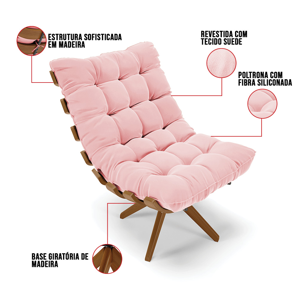 Poltrona Giratória Costela Suede Rosa bebê Base Madeira MA25 - D'Rossi