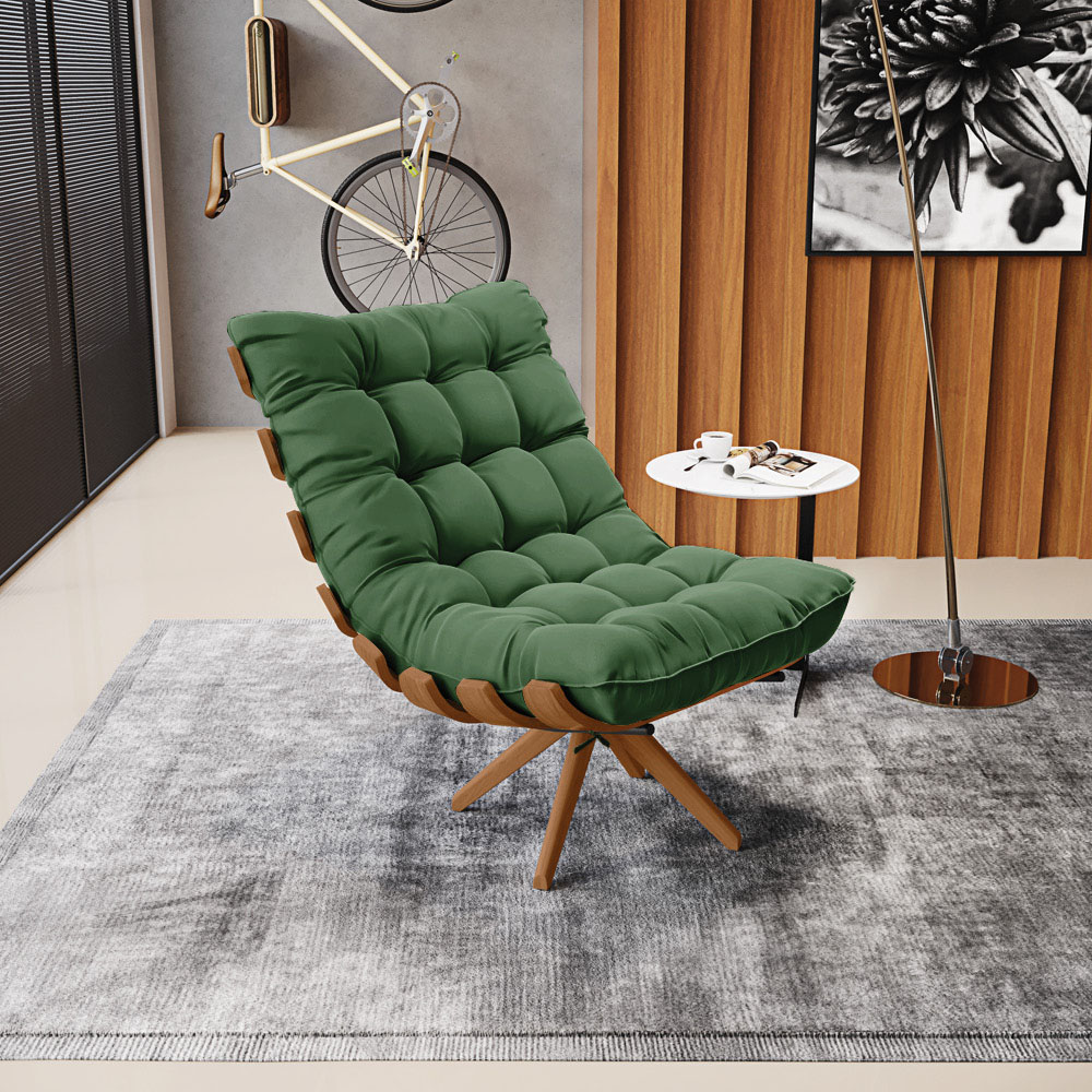Poltrona Giratória Costela Suede Verde Base Madeira MA25 - D'Rossi