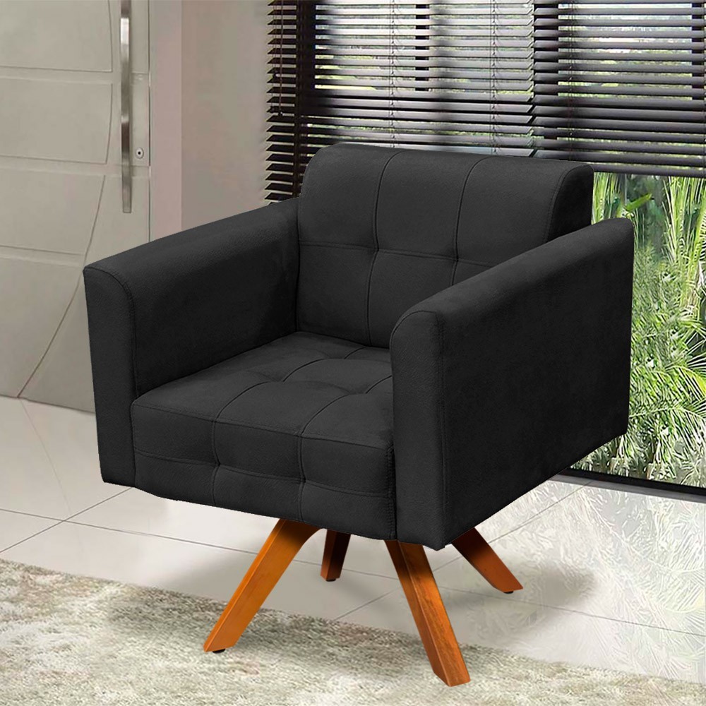 Poltrona Giratória Elisa Suede Preto Base Madeira MM30 D'Rossi