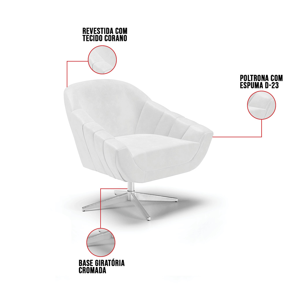 Poltrona Giratória Giovana Corano Branco Base Cromada - D'Rossi