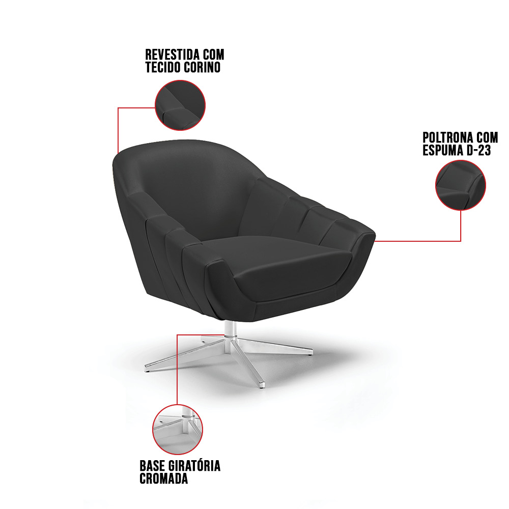 Poltrona Giratória Giovana Corino Preto Base Cromada - D'Rossi