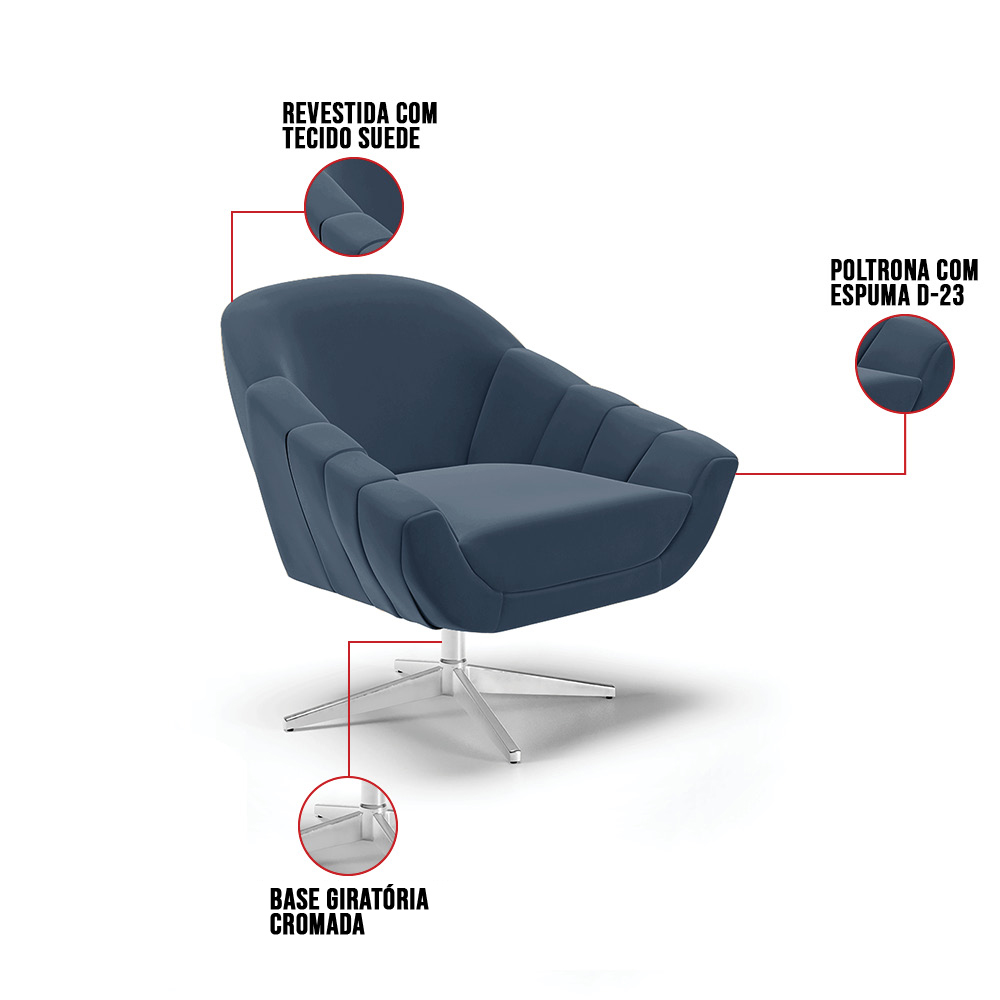 Poltrona Giratória Giovana Suede Azul Marinho Base Cromada - D'Rossi