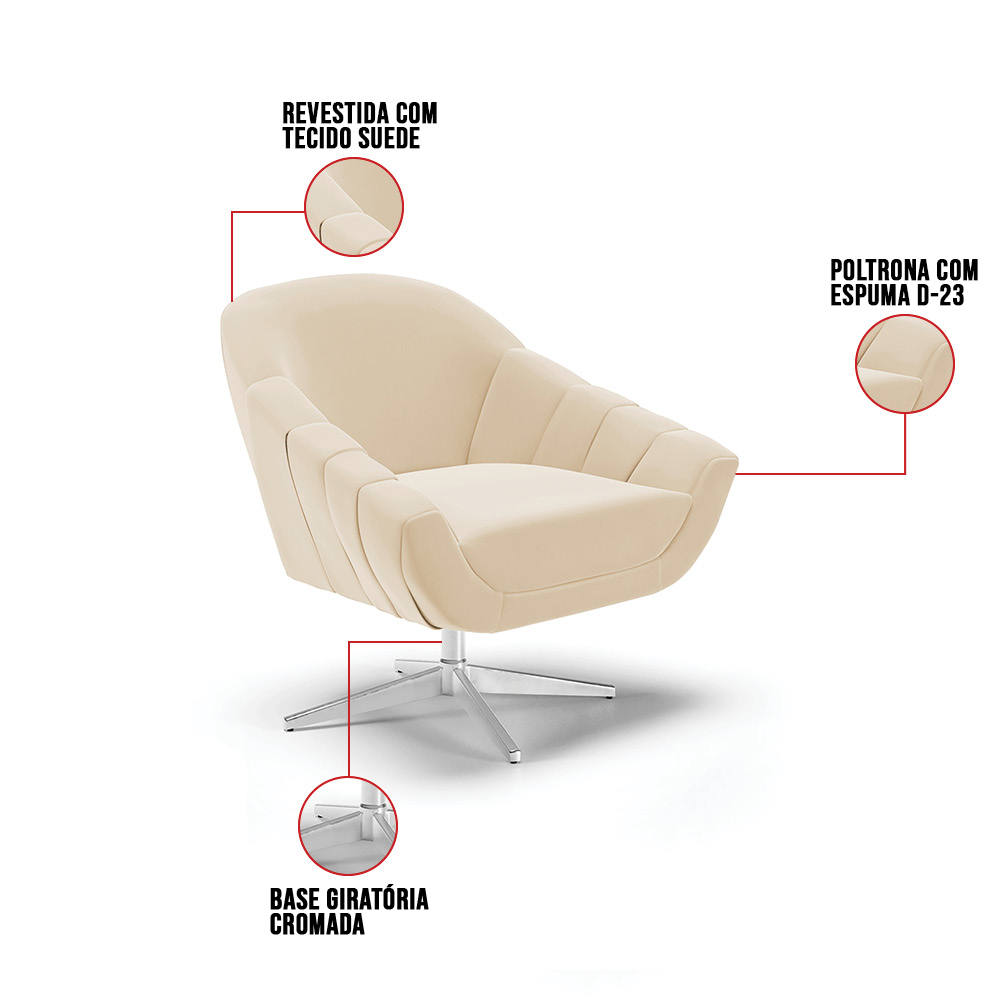 Poltrona Giratória Giovana Suede Base Cromada - D'Rossi