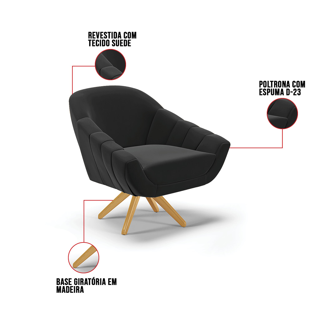 Poltrona Giratória Giovana Suede Preto Base Madeira MA30 - D'Rossi