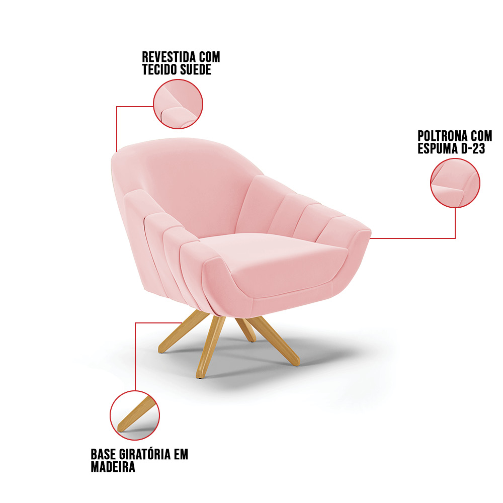 Poltrona Giratória Giovana Suede Rosa Bebê Base Madeira MA30 - D'Rossi