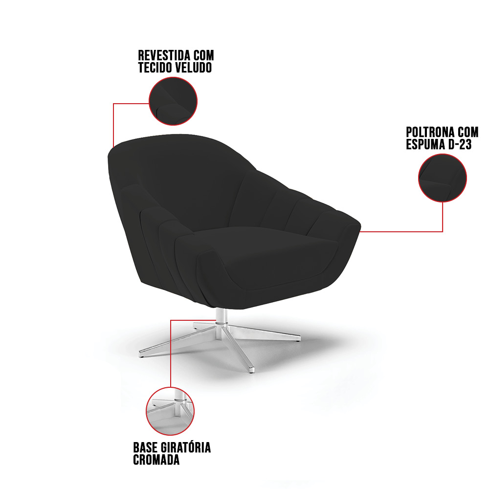 Poltrona Giratória Giovana Veludo Preto Base Cromada - D'Rossi