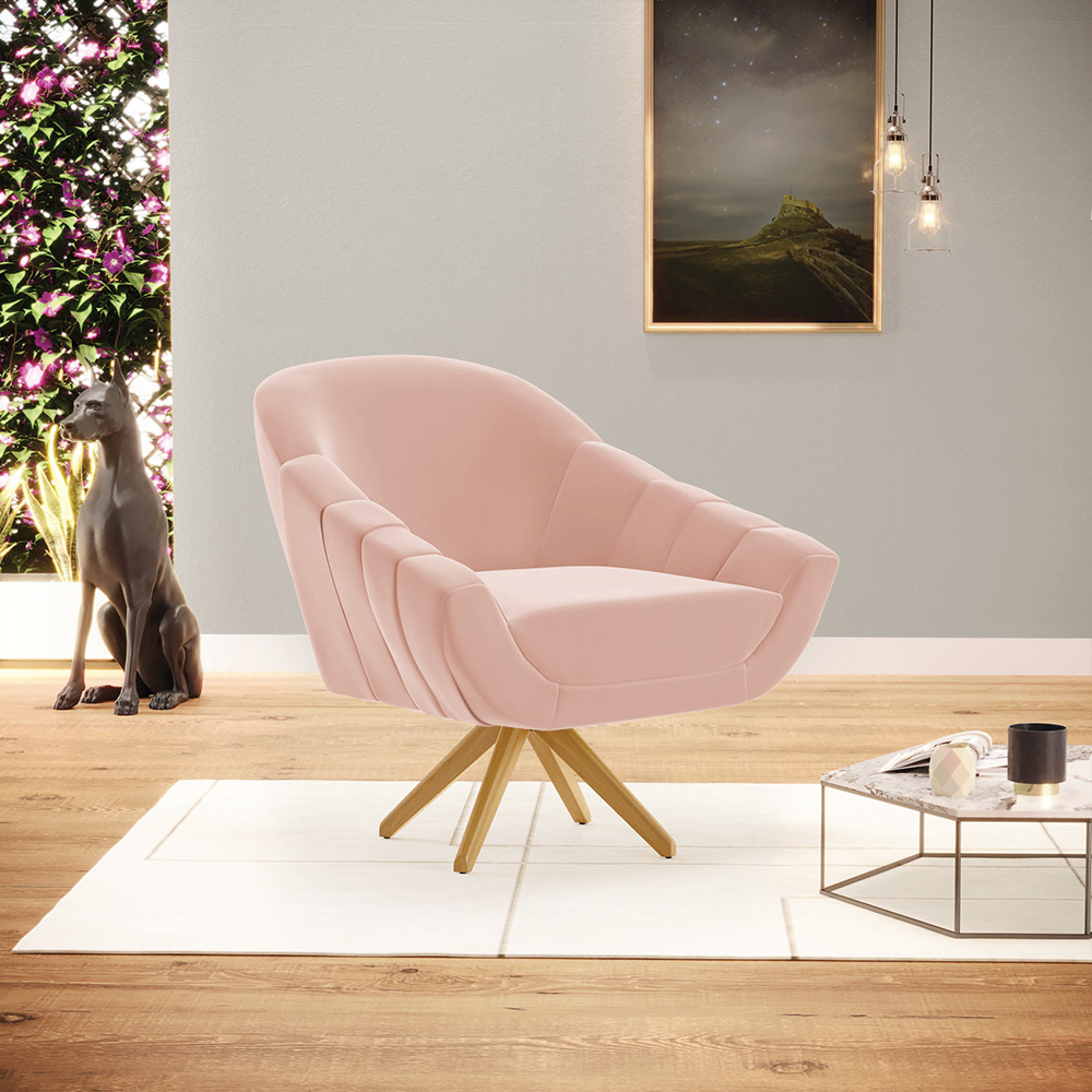 Poltrona Giratória Giovana Veludo Rosê Base Madeira MA30 - D'Rossi