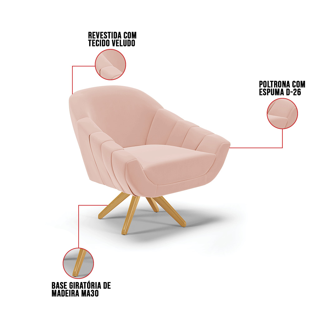 Poltrona Giratória Giovana Veludo Rosê Base Madeira MA30 - D'Rossi