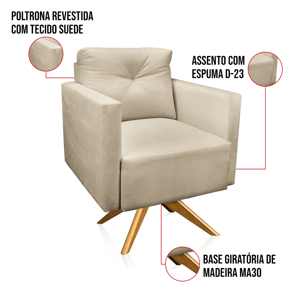 Poltrona Giratória Luisa Suede Bege Base de Madeira MA30 - D'Rossi