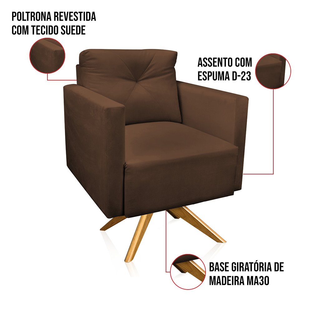 Poltrona Giratória Luisa Suede Marrom Base de Madeira MA30 - D'Rossi