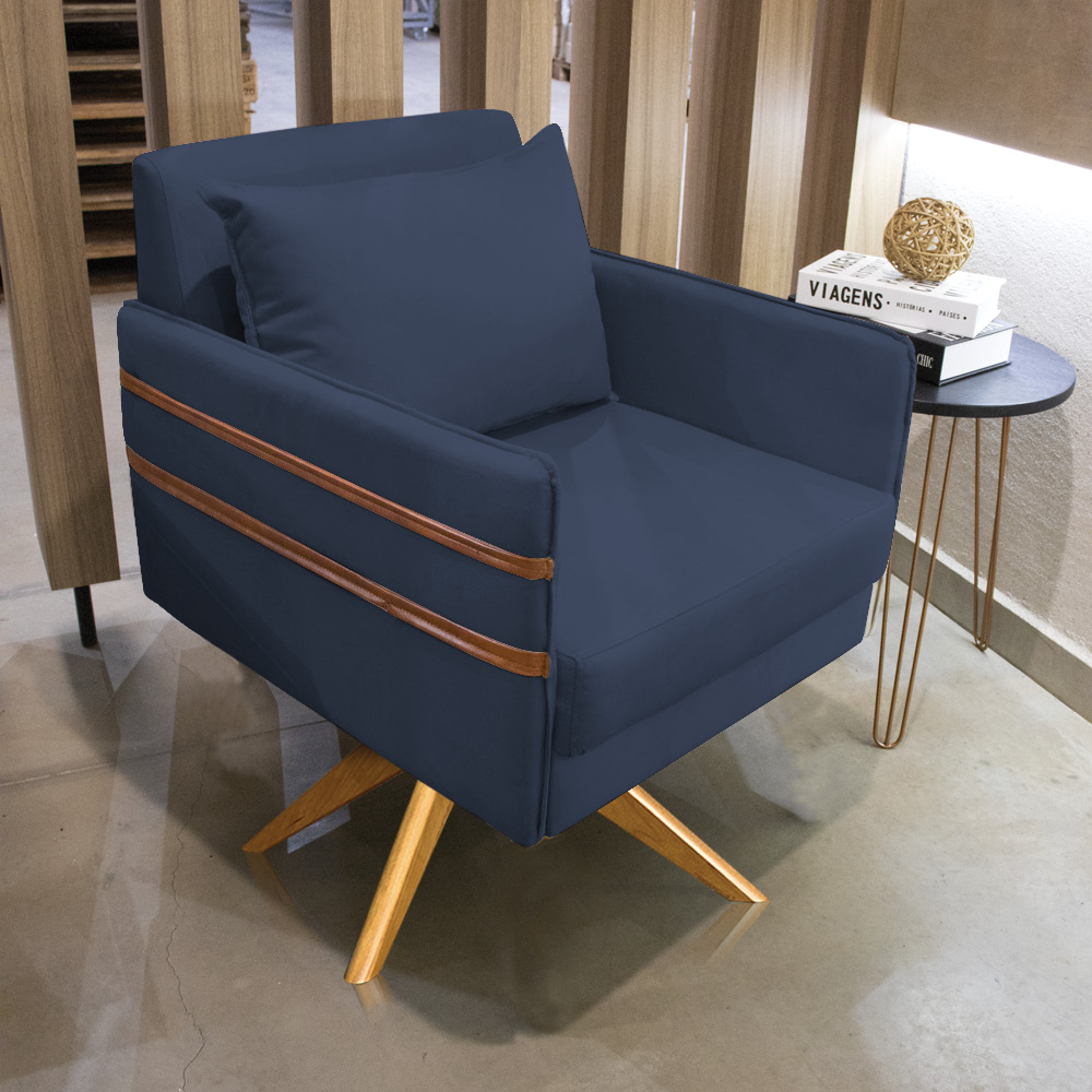 Poltrona Giratória Mari Suede Azul Marinho Base de Madeira MA30 - D'Rossi