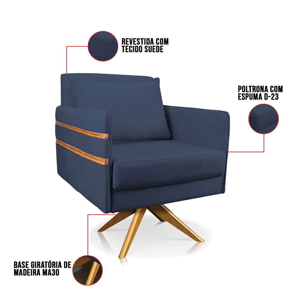 Poltrona Giratória Mari Suede Azul Marinho Base de Madeira MA30 - D'Rossi