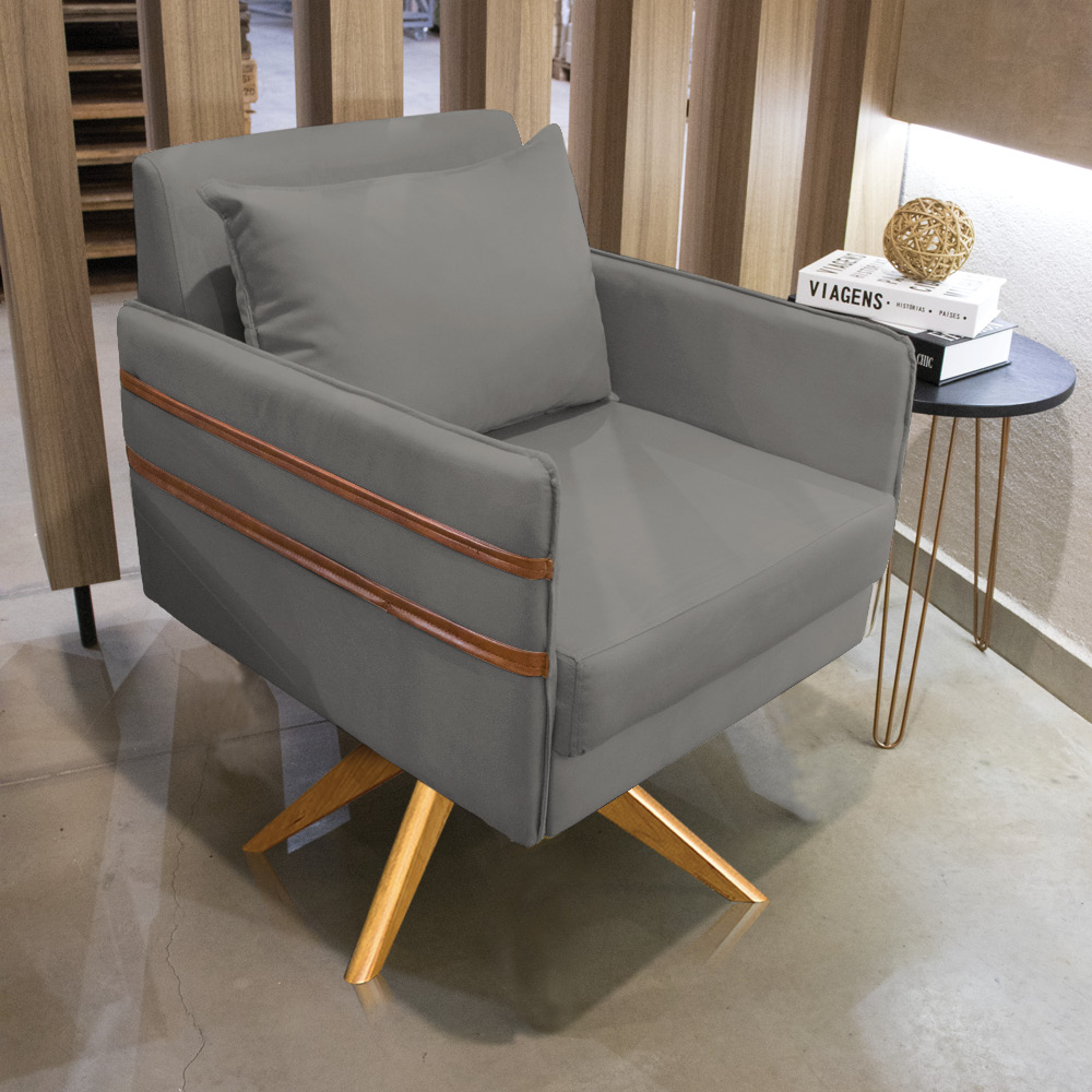 Poltrona Giratória Mari Suede Grafite Base de Madeira MA30 - D'Rossi