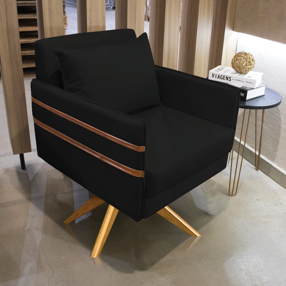 Poltrona Giratória Mari Suede Preto Base de Madeira MA30 - D'Rossi