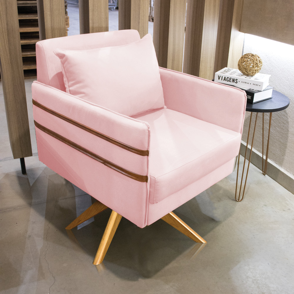 Poltrona Giratória Mari Suede Rosa Bebê Base de Madeira MA30 - D'Rossi