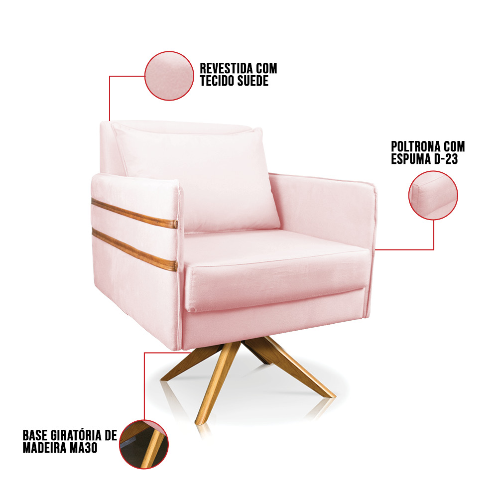 Poltrona Giratória Mari Suede Rosa Bebê Base de Madeira MA30 - D'Rossi