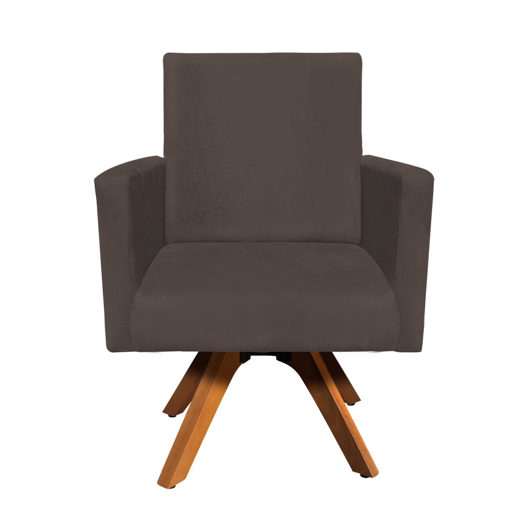 Poltrona Giratória Nina Suede Marrom Base Madeira MM30 D'Rossi