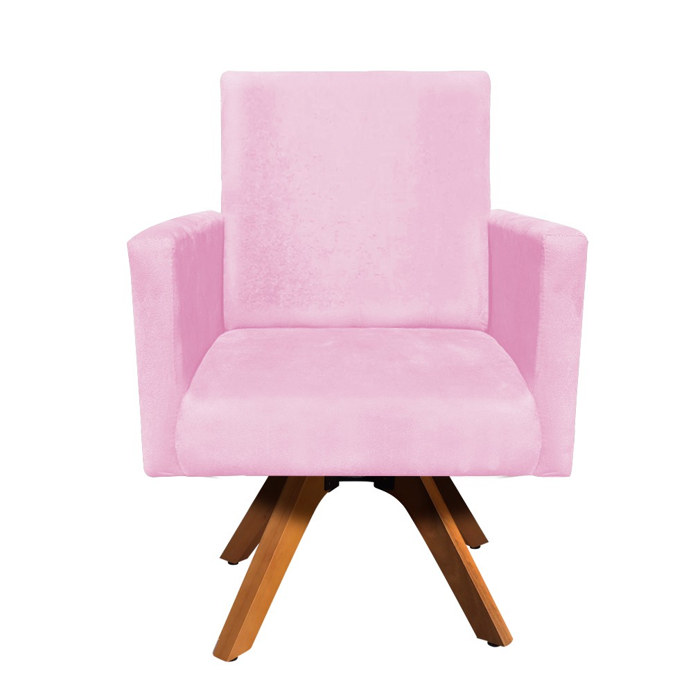 Poltrona Giratória Nina Suede Rosa Bebê Base Madeira MM30 D'Rossi