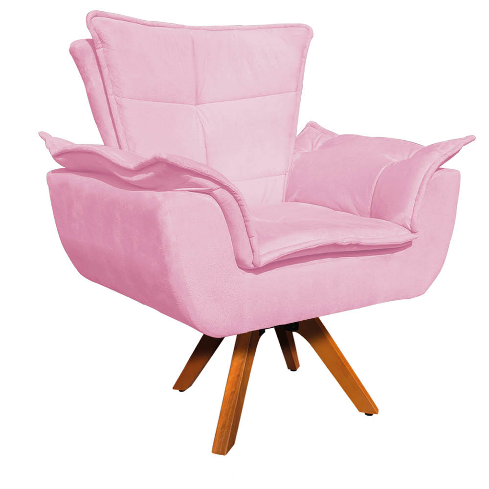 Poltrona Giratória Opala Suede Rosa Bebê Base Madeira MM30 D'Rossi