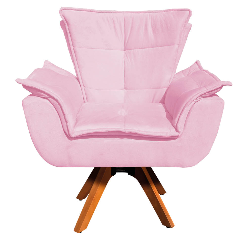 Poltrona Giratória Opala Suede Rosa Bebê Base Madeira MM30 D'Rossi