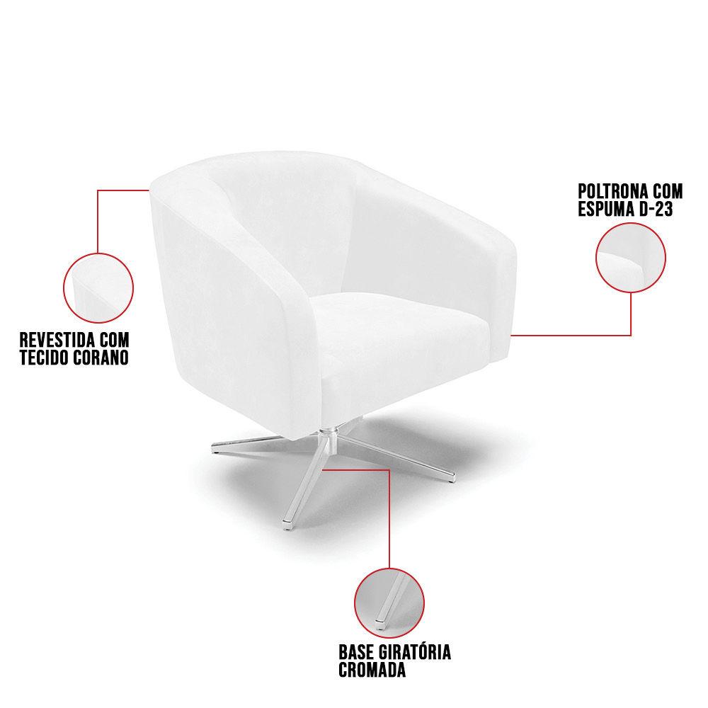 Poltrona Giratória Stella Corano Branco Base Cromada - D'Rossi