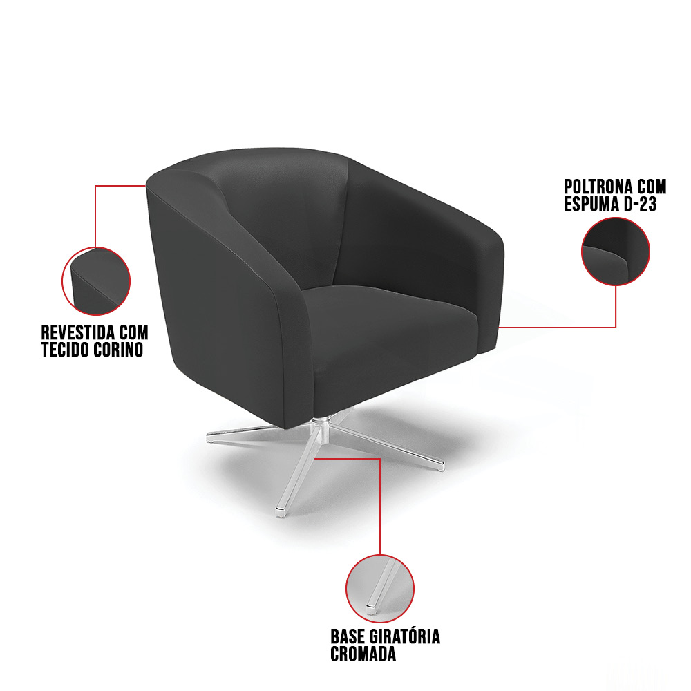 Poltrona Giratória Stella Corino Preto Base Cromada - D'Rossi