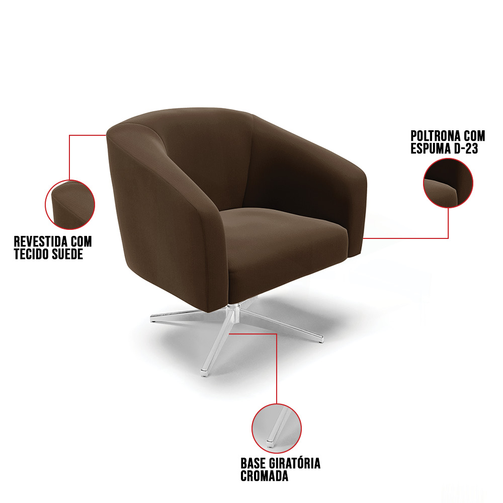 Poltrona Giratória Stella Suede Marrom Base Cromada - D'Rossi