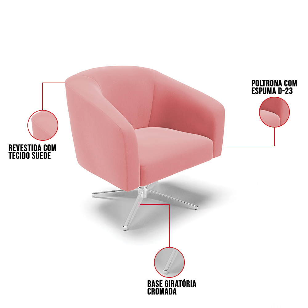 Poltrona Giratória Stella Suede Rosê Base Cromada - D'Rossi