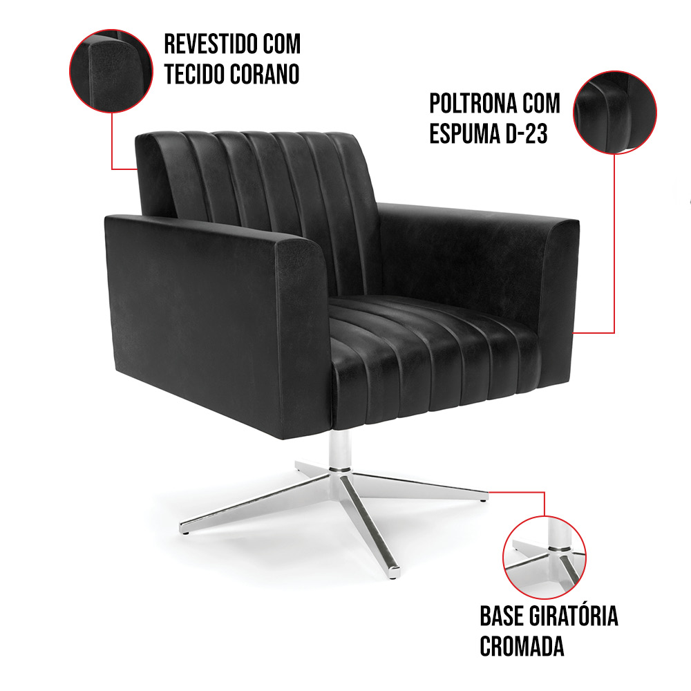 Poltrona Giratória Viena Gomada Corano Preto Base Cromada - D'Rossi