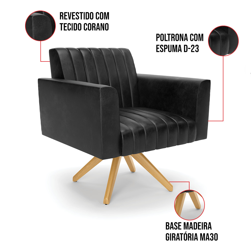 Poltrona Giratória Viena Gomada Corano Preto Base de Madeira MA30 - D'Rossi