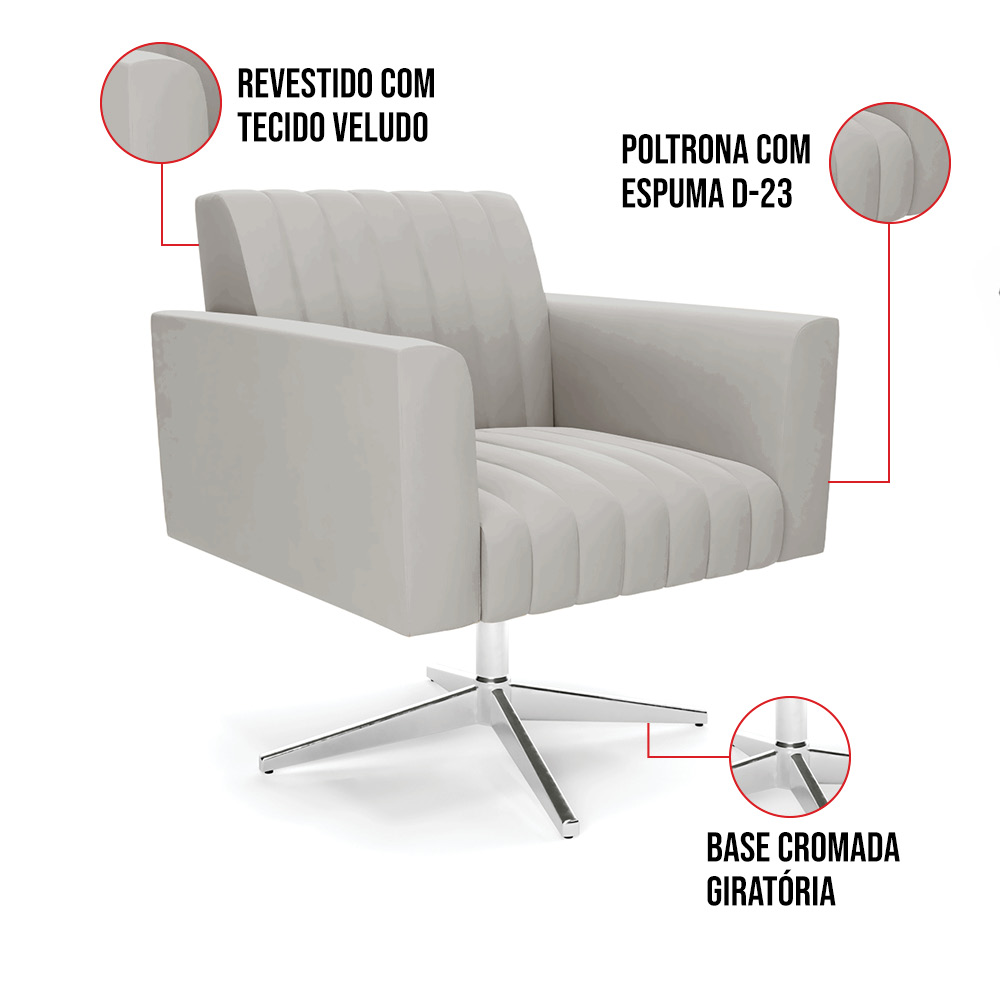 Poltrona Giratória Viena Gomada Veludo Cinza Base Cromada - D'Rossi