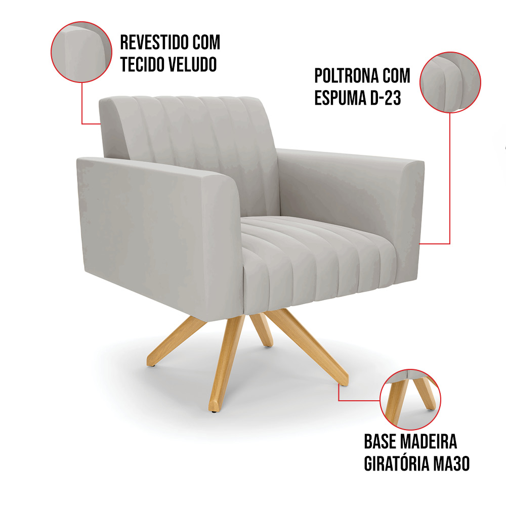 Poltrona Giratória Viena Gomada Veludo Cinza Base de Madeira MA30 - D'Rossi