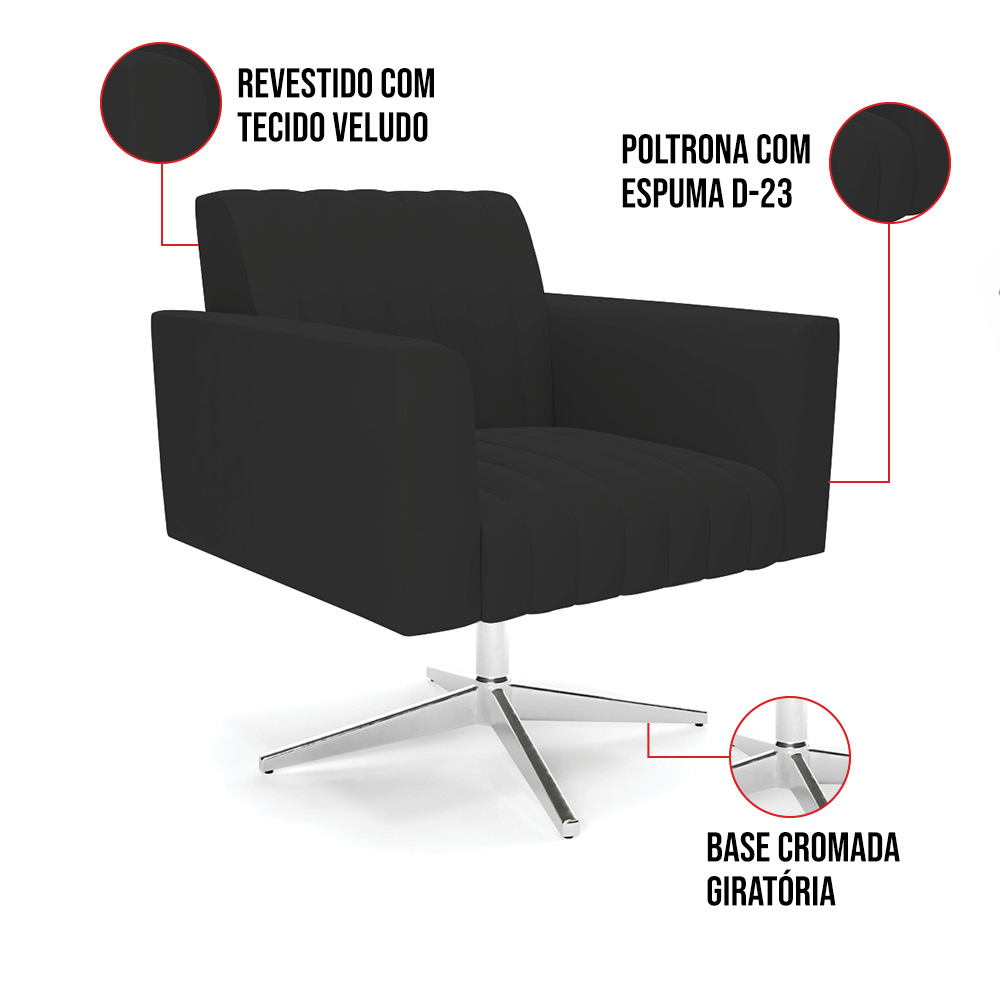 Poltrona Giratória Viena Gomada Veludo Preto Base Cromada - D'Rossi