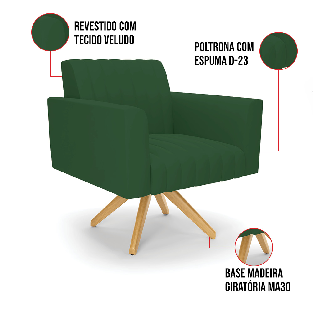Poltrona Giratória Viena Gomada Veludo Verde Base de Madeira MA30 - D'Rossi