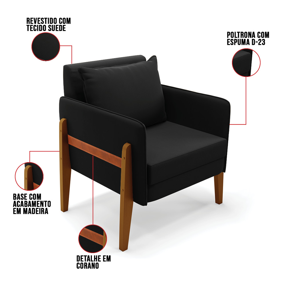 Poltrona Lana Suede Preto Base de Madeira - D'Rossi