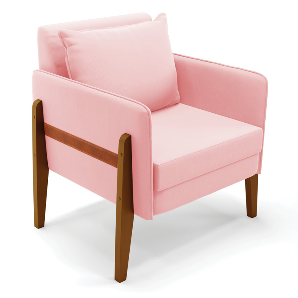 Poltrona Lana Suede Rosa Bebê Base de Madeira - D'Rossi