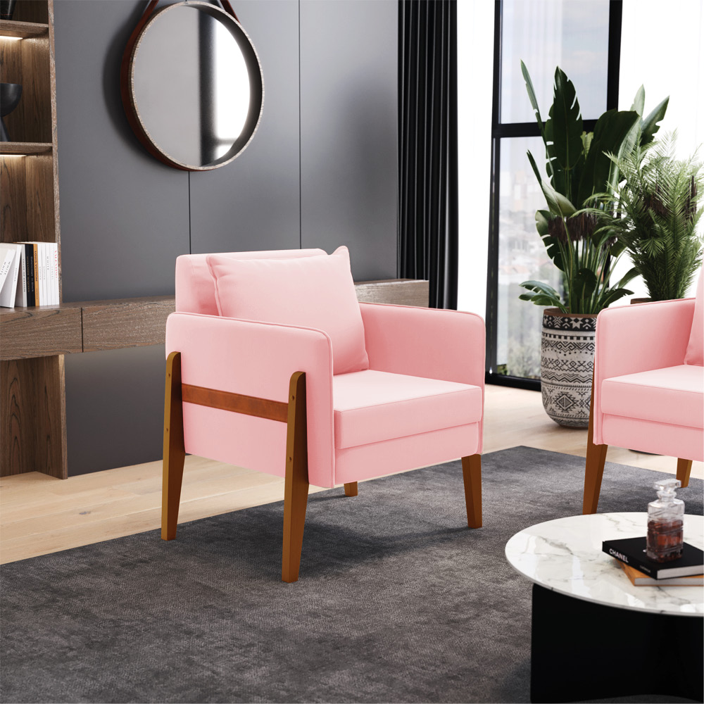 Poltrona Lana Suede Rosa Bebê Base de Madeira - D'Rossi