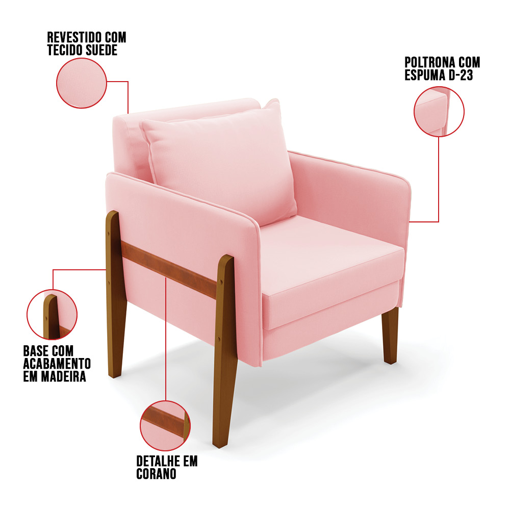 Poltrona Lana Suede Rosa Bebê Base de Madeira - D'Rossi